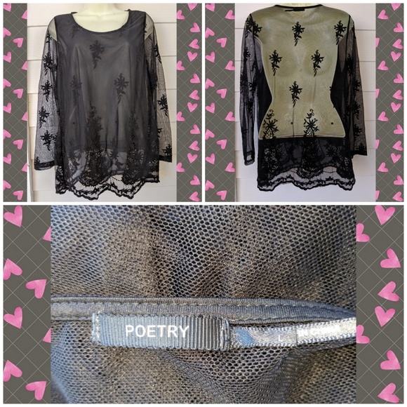POETRY Tops - POETRY BLACK MESH EMBROIDERY LACE TOP